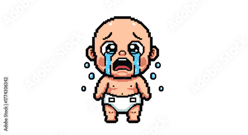 Sad Crying Baby Isolated on White Background Cartoon Style Illustration