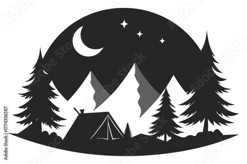 Silhouette of a mountain hiking base camp with a tent and campfire under a starry night sky