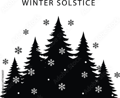 Winter Solstice silhouette with snowflakes and pine trees