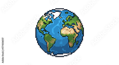 Pixel Art Earth Globe Cartoon Style Illustration Representing Global Connectivity and Digital World