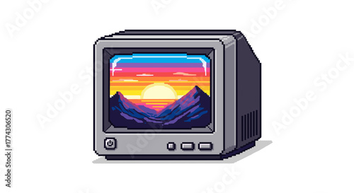 Retro Television Displaying Vibrant 80s Sunset Mountain Landscape Isolated on White Background Pixel Art