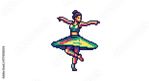 Pixel art ballerina in graceful pose with colorful tutu isolated on white background