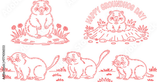 Whimsical RedLined Groundhog Illustration Happy Groundhog Day! Cute Marmot Clipart on White Background