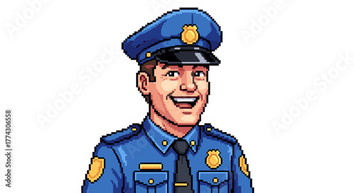 Smiling Cartoon Police Officer Wearing a Blue Uniform and Hat Ready to Serve and Protect