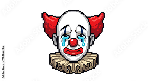 Sad Clown Face Crying Tears Red Nose Ruffle Collar Pixel Art Isolated on White Background