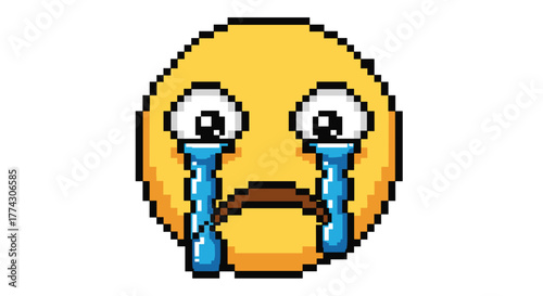 Pixel Art Sad Face Emoticon Crying Tears Isolated on White Background Cartoon Style Illustration