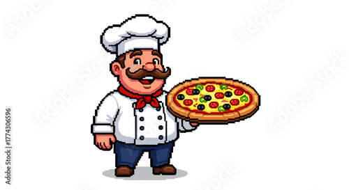 Happy Cartoon Chef Character Holding Delicious Pizza Isolated on White Background