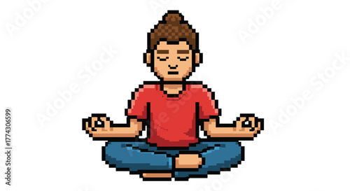 Pixel Art Man Meditating in Lotus Position Peaceful Zen Calm Mind Relaxation Practice Isolated on White Background