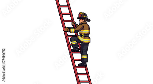 Cartoon Firefighter Climbing Up Red Ladder Isolated on White Background Professional Heroic Action