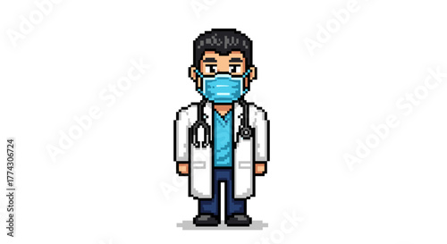 Pixel Art Doctor Wearing Face Mask and Stethoscope Isolated on White Background Health Care Professional Cartoon Style Illustration