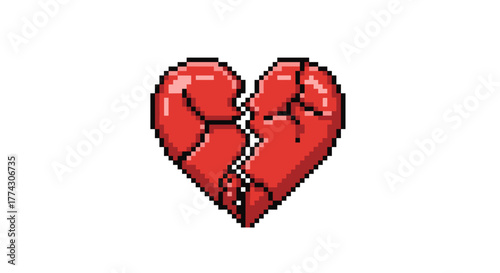 Pixel Art Broken Heart Icon Isolated on White Background Expressing Sadness and Loss