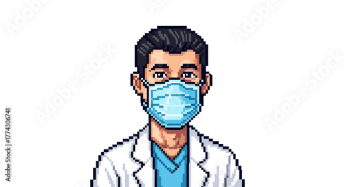 Pixel Art Doctor Wearing Face Mask and Lab Coat Isolated on White Background