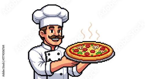 Smiling Cartoon Italian Chef Presents Delicious Hot Pizza Isolated on White Background