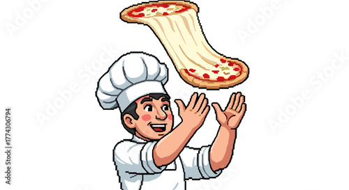 Cartoon Pizzaiolo Chef Tossing Cheesy Pizza Dough High in the Air