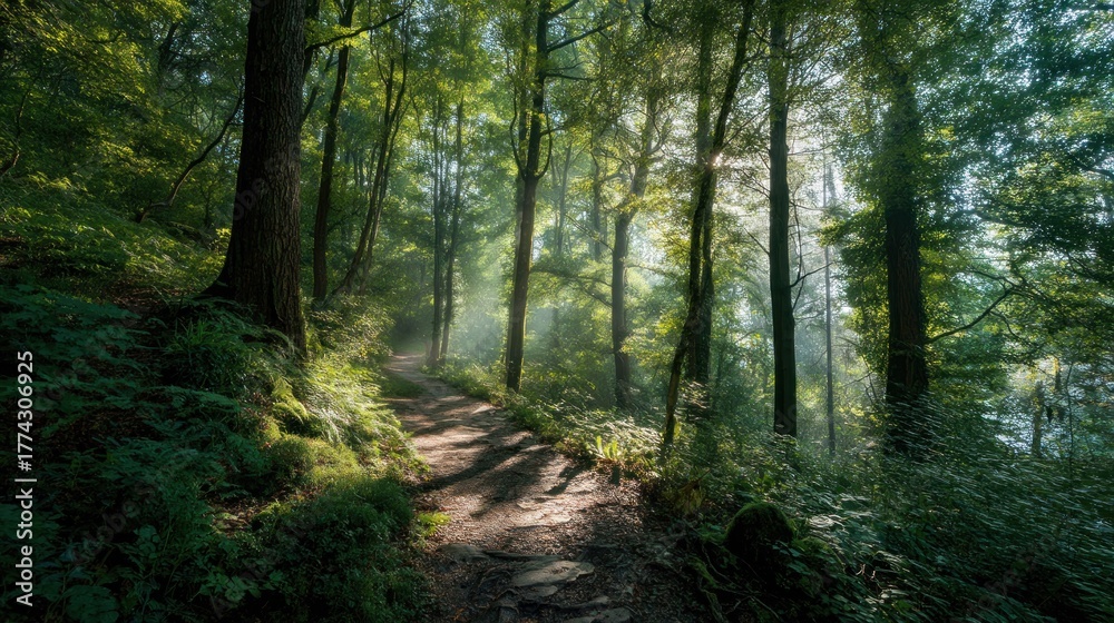 Fototapeta premium A sunlit forest path with trees and sunlight filtering through, leading to a clearing with a pond and a bridge.