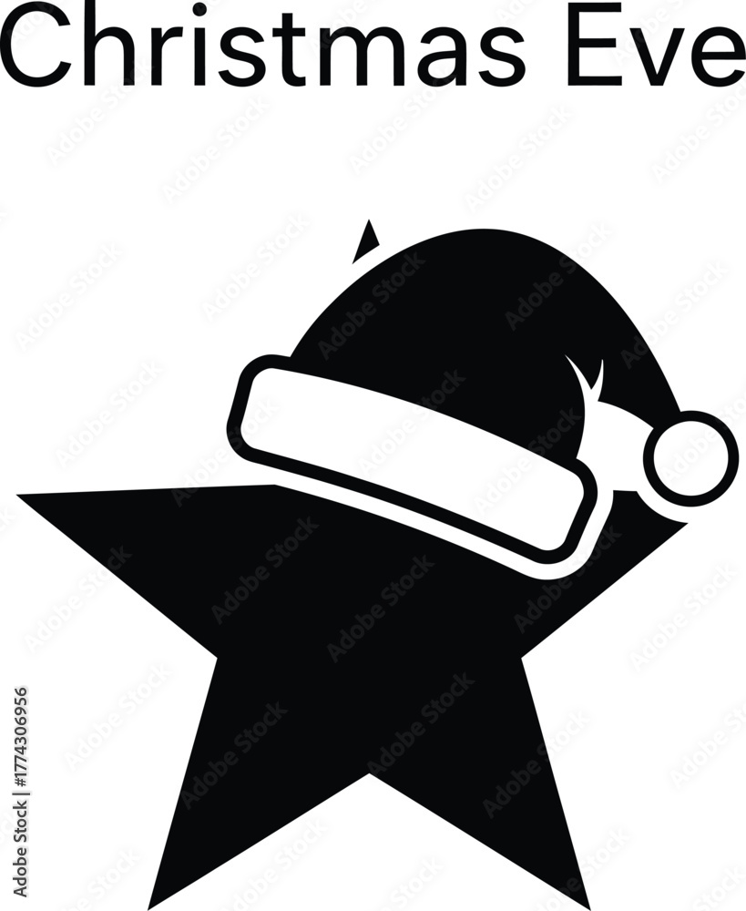 Naklejka premium Black minimalist Christmas Eve logo with Santa hat and star