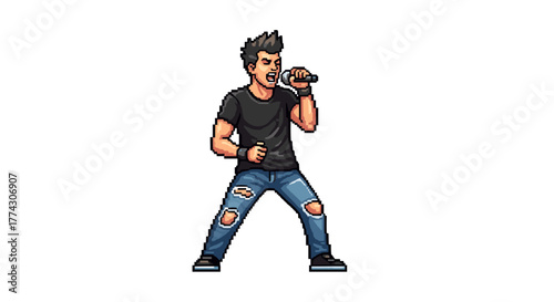 Pixel Art Rock Star Singer Performing with Microphone in Ripped Jeans and Black T Shirt Isolated on White Background