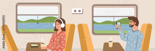 Relaxing Train Ride with Scenic Views and Digital Entertainment. Railway trip. People seat on the train. Windows train.