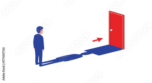 A person stands as their elongated shadow reaches a red door, with an arrow guiding the way forward.