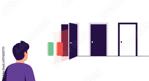 A person stands before a series of doors and abstract shapes, representing choices, opportunities, and the process of making decisions.