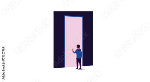 A pixelated person in a blue hoodie stands before a tall, glowing pink doorway, perhaps waving towards a new beginning or an unknown future.