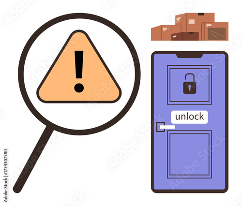 Magnifying glass over warning sign, unlocked door with lock icon, and stacked boxes symbolizing risk, safety, compliance, access, logistics, problem-solving decision-making. A simple flat metaphor