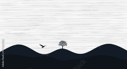Minimalist black and white landscape with rolling hills, a lone tree, and a bird flying beneath a textured sky.