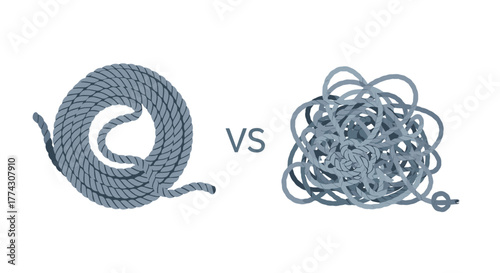 Neatly coiled rope stands in stark contrast to a tangled mess, symbolizing order versus chaos and the challenges of disorganization.
