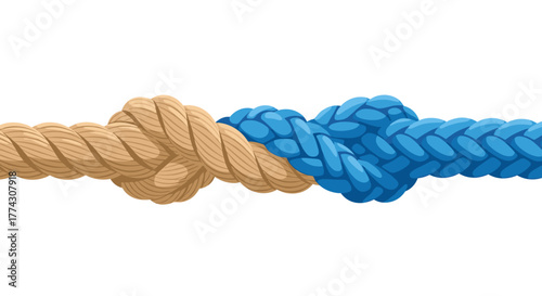 Two different colored ropes, a natural brown and a vibrant blue, are strongly intertwined with a knot, symbolizing unity and partnership.