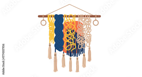 A colorful bohemian macrame wall hanging featuring various knotted and braided ropes in yellow, blue, orange, and beige, suspended from a wooden dowel.