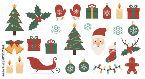 Christmas themed vector graphic with tree, gifts, Santa, and other holiday elements.