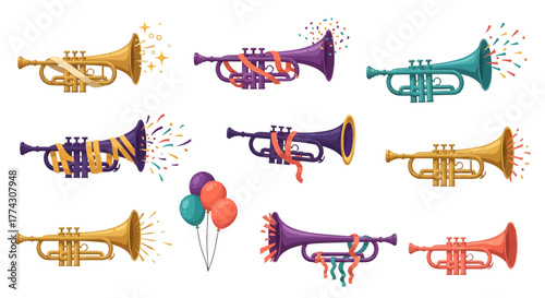 Collection of colorful trumpets with confetti and balloons, festive celebration.