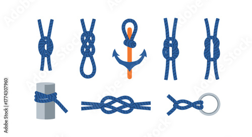 A comprehensive vector illustration featuring a collection of various blue rope knots and a nautical anchor symbol, isolated on a white background.