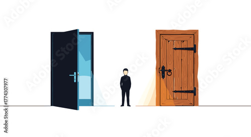 A person stands at a crossroads, contemplating two contrasting doors representing modern and traditional paths or different life choices.