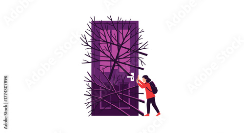 A determined person attempts to open a purple door that is heavily entangled with dark, bare branches, symbolizing a struggle against significant obstacles.