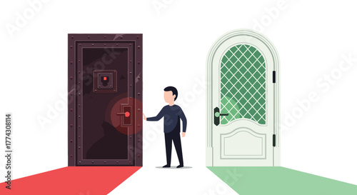 A person stands at a crossroads, contemplating two contrasting doors, one dark and ominous, the other bright and inviting, each leading to a different path.