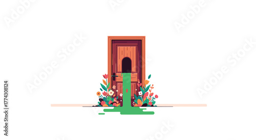 Green liquid pours from a decorative wooden door adorned with vibrant flowers, creating an intriguing and surreal visual against a white background.