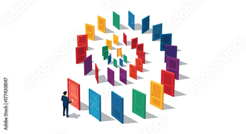 A person stands before a red door, contemplating a spiral of colorful doors representing diverse choices and future opportunities.