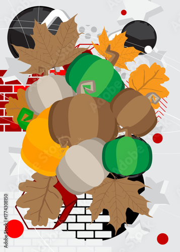 Thanksgiving Autumn leaf and Pumpkin geometrical graphic retro theme background. Minimal geometric elements. Vintage abstract shapes vector illustration.