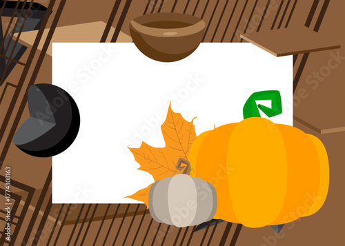 Thanksgiving Autumn leaf and Pumpkin geometrical graphic retro theme background. Minimal geometric elements. Vintage abstract shapes vector illustration.