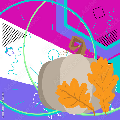 Thanksgiving Autumn leaf and Pumpkin geometrical graphic retro theme background. Minimal geometric elements. Vintage abstract shapes vector illustration.