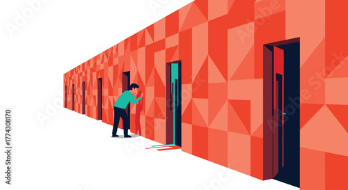 A curious person peeks through a slightly ajar door, revealing an unknown path and symbolic dripping liquid, representing discovery and choice.