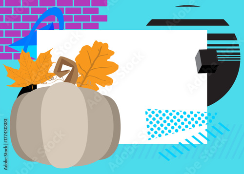 Thanksgiving Autumn leaf and Pumpkin geometrical graphic retro theme background. Minimal geometric elements. Vintage abstract shapes vector illustration.