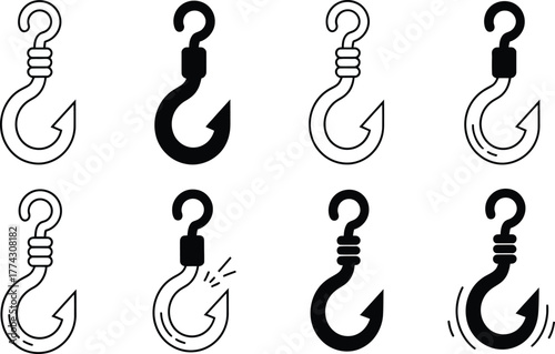 Collection of Fishing Hook Icons with Question Mark Tops
