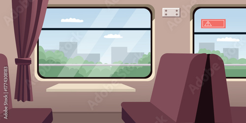 Train Cabin with Scenic Window View. Train interior. Train seat. City transportation. 