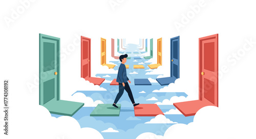 A man walks on stepping stones in the sky towards a receding path of open doors, symbolizing life's multiple choices and opportunities.