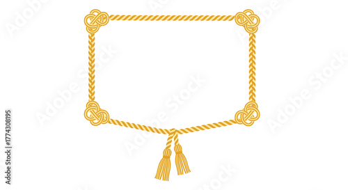 Elegant golden braided rope border featuring decorative Celtic knots and two tassels at the bottom, isolated on a white background.