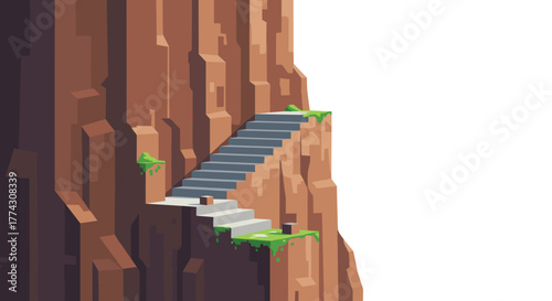 Pixel art illustration of a rugged brown cliff face with a winding stone staircase leading upwards, adorned with patches of vibrant green moss.