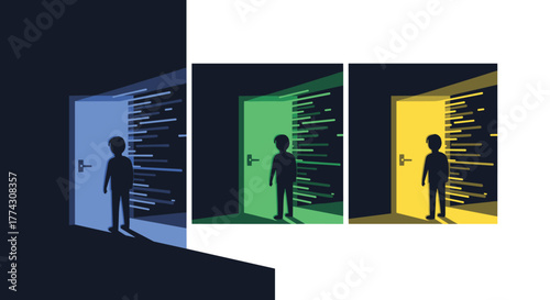 A person stands before three open doors, each glowing with abstract blue, green, and yellow code, symbolizing exploration and choices within the vast digital future.