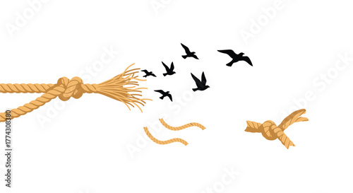 A rope unravels and transforms into a flock of birds flying away, symbolizing freedom, escape, and breaking free from constraints.